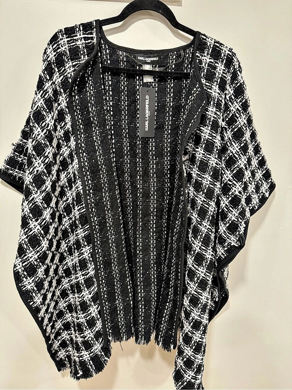 Karl Lagerfeld Black & White Plaid Fringe Poncho